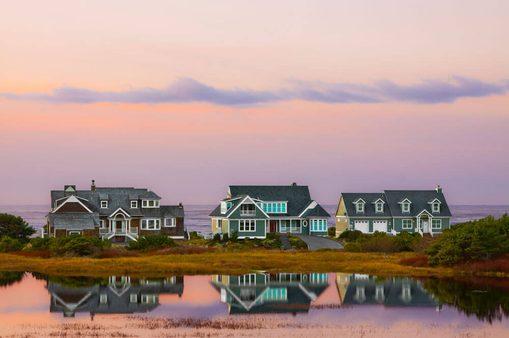Beach houses at sunset
